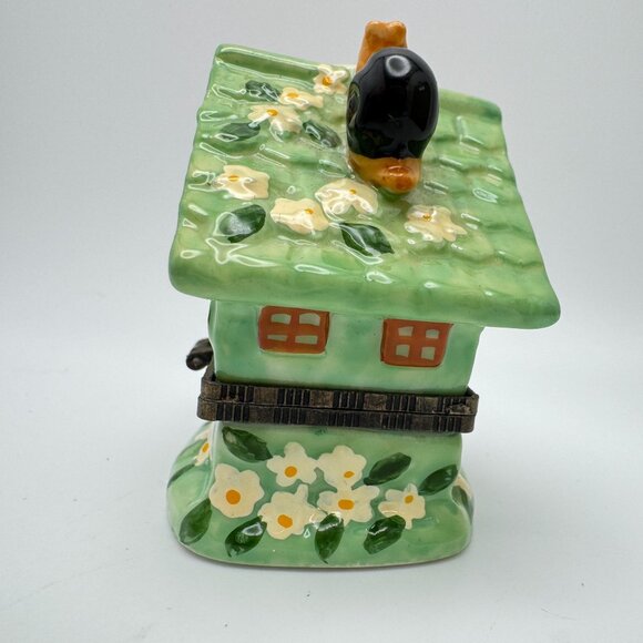 Birdhouse Daisy Flower Porcelain Hinged Green Trinket Box Yellow Bird Snail 2.5" - Picture 7 of 9